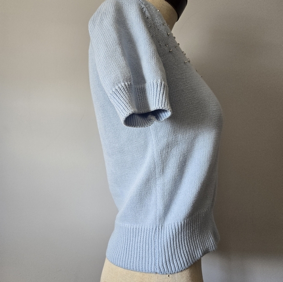 ZARA Light Blue Beaded Short Sleeve Sweater. Size Small - Picture 4 of 9